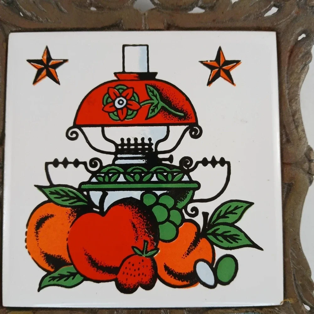 Fruit Lamp Trivet Cast Iron Ceramic Tile Hot‎ Pad Spoon Rest Taiwan Vintage MCM